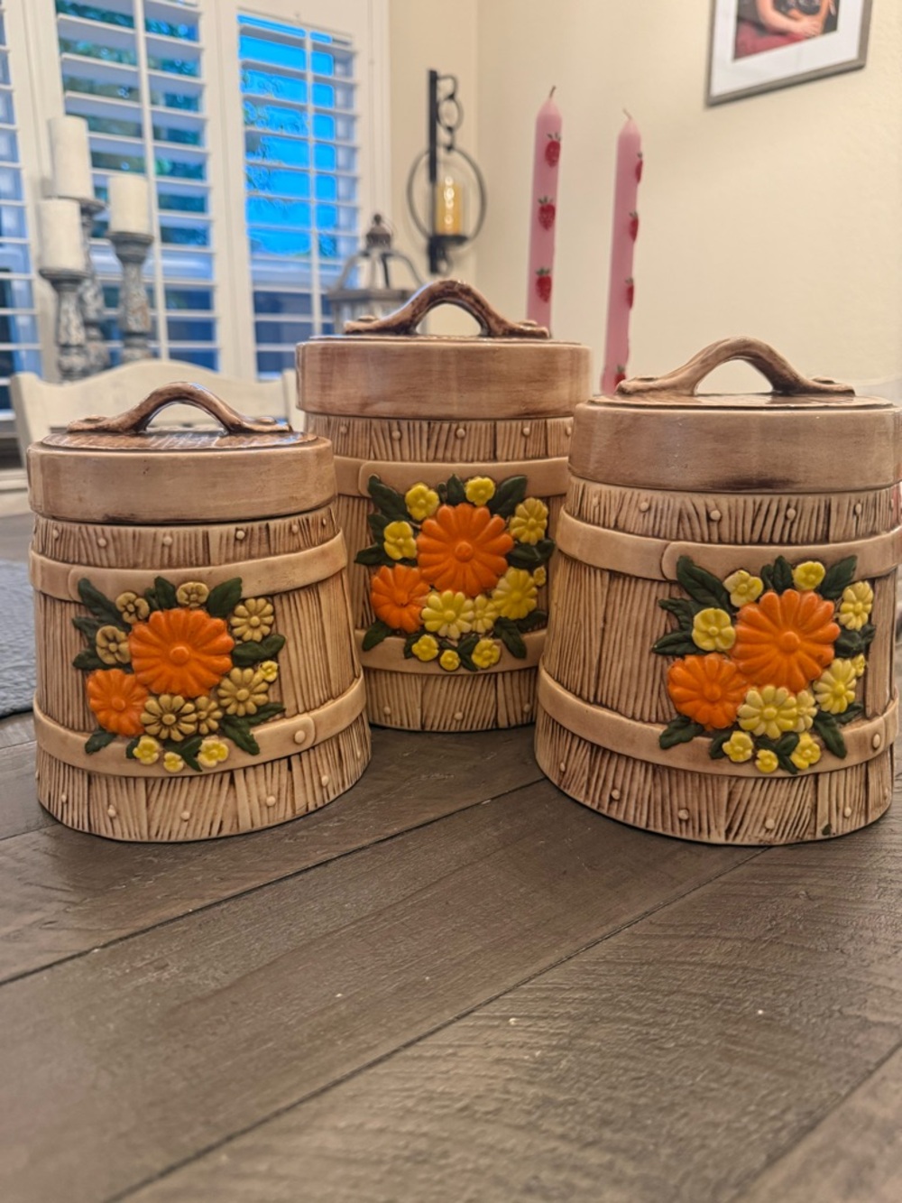 RARE Vintage 70’s Ceramic Canister Set with Orange & Yellow Flower Accents
